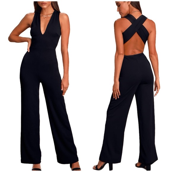 Lulus Pants - Lulus Black cross cross flare leg romper women’s size x large